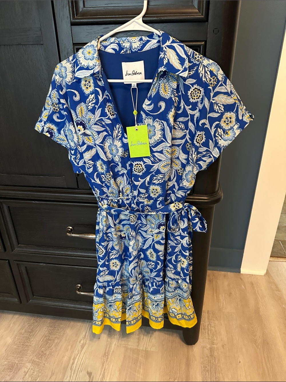 Sam Edelman Blue Floral Short-Sleeve Tie-Waist Dress with Yellow Border